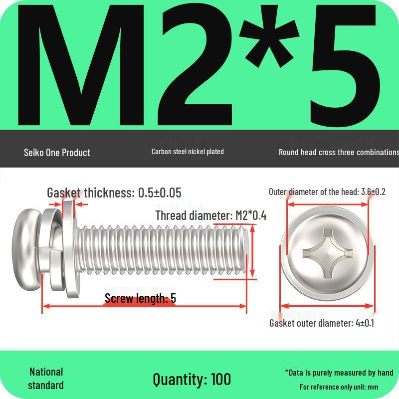 Nickel-Plated Phillips Pan Head Screw with Washer, M2-M6 Thread