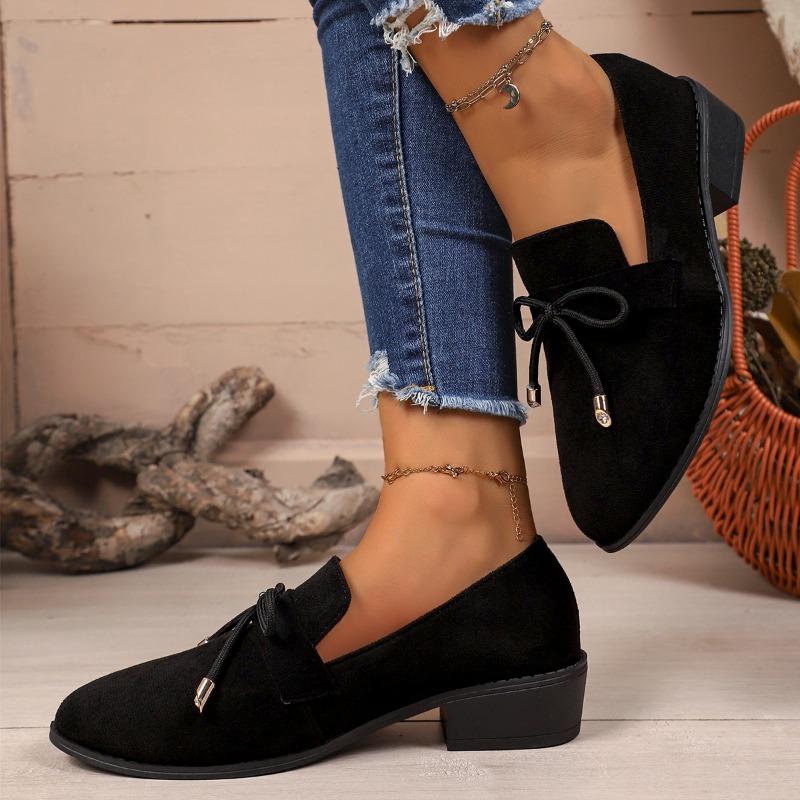 Women's Loafers Pointed Toe Square Heel Butterfly-knot One Kick Shoes All-match Retro Plus-size Spring and Autumn Single Shoes