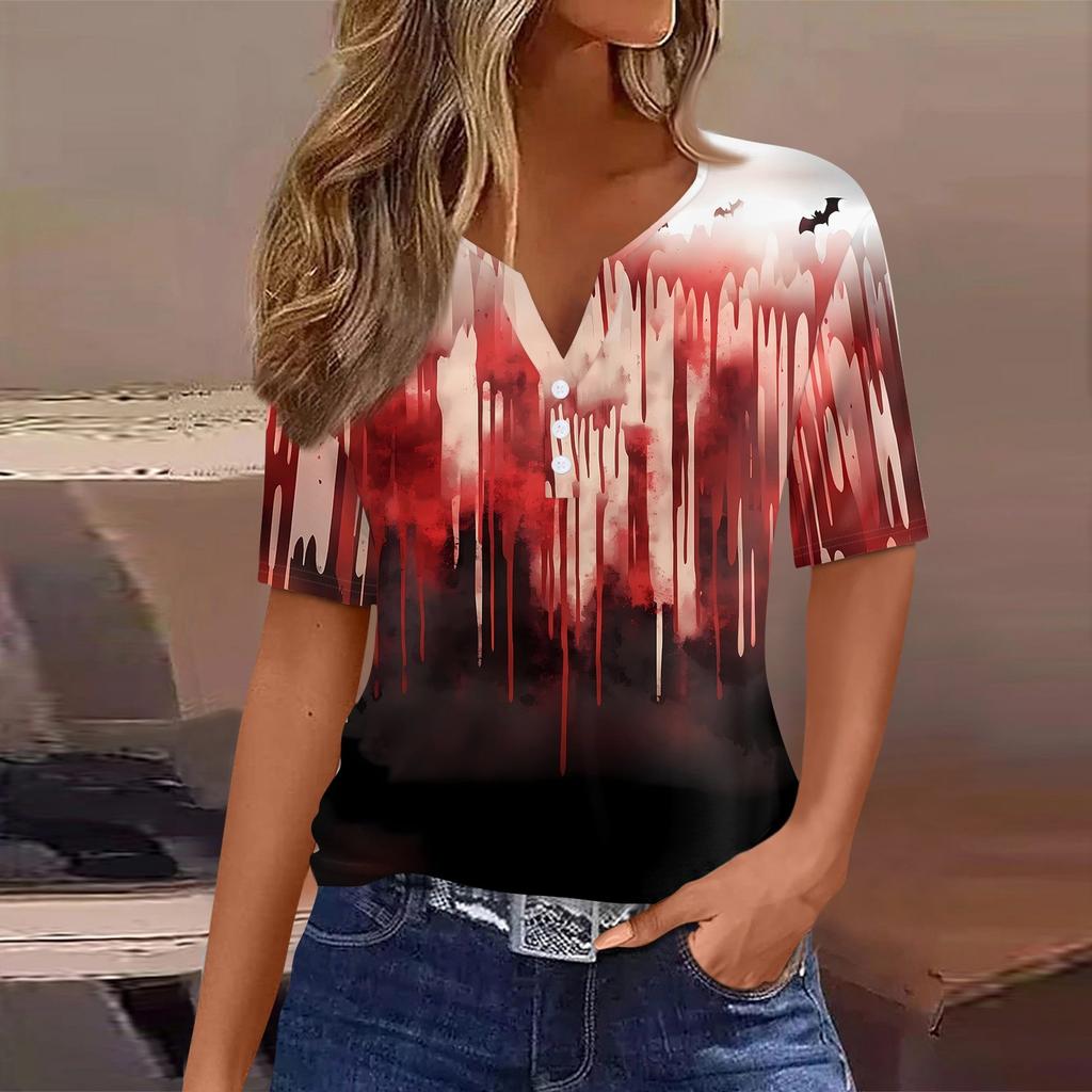 Women's T Shirt Halloween Print Button Short Sleeve Daily Weekend Fashion Basic V- Neck Regular Top