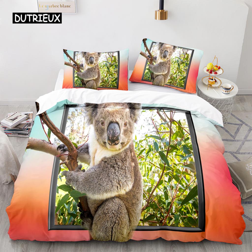 Koala Duvet Cover Set Microfiber Australia Animal Comforter Cover Queen for Kids Boy Girl Funny Lovely Koala On Tree Bedding Set