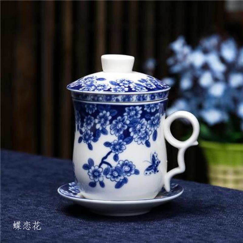 4-teiliges Teetassen-Set Persönliche Teetasse Keramik mit innerem Filter und Deckel Wasserbecher Blau-Weißes Porzellan Büro Konferenzbecher