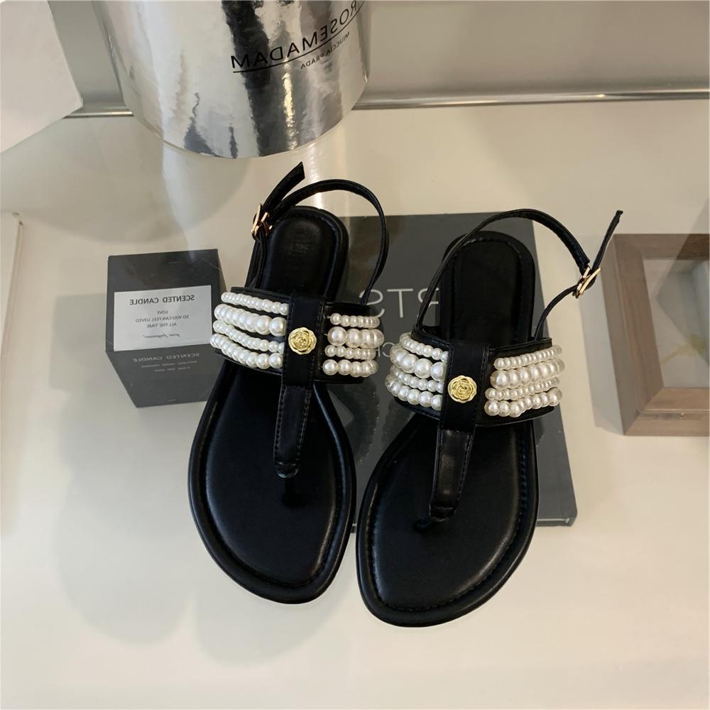 Fashion Beige Heeled Sandals Clear Shoes Slip-on Loafers Summer Women's Flip Flops Platform Soft Black Pearl Outside Elastic Band Girls