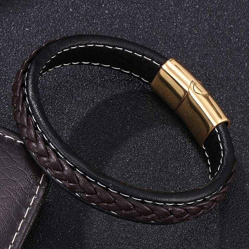 Bracelet punk en cuir pour hommes, fermoir magnétique en acier inoxydable doré, cadeau tendance, BB0212