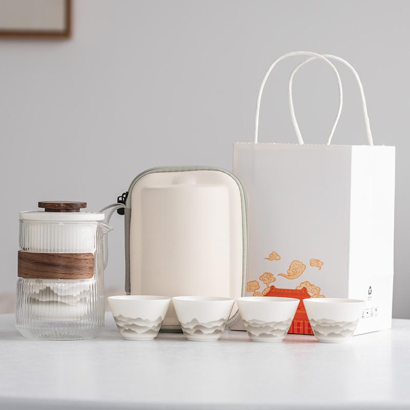 Suet Jade White Porcelain Guochao Ink and Wash Travel Tea Set, a Pot of Four or Six Cups, New Chinese Express Cup Light Luxury Business Gifts
