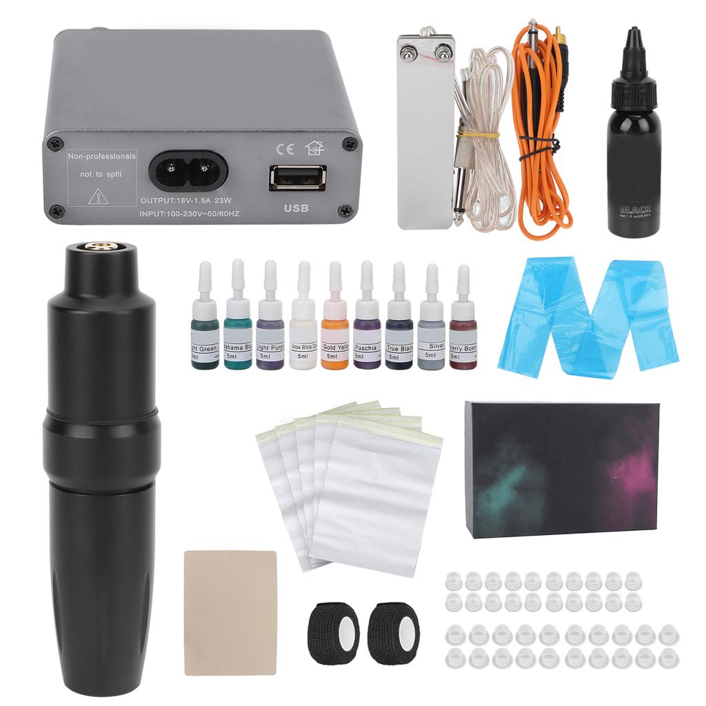Rotary Tattoo Pen Kit Novice Power Supply Foot Pedal RCA Clip Cord Ink Cup Tattoo Machine Set (100‑)