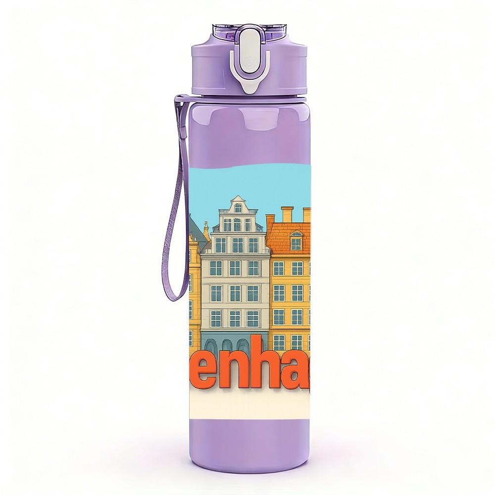 1PC Copenhagen City Building Print 750ml Color Plastic Sports Water Bottle Leakproof Flip Straw Lid Suitable for Sports Office Home Use