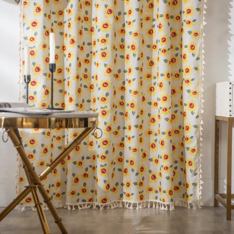 Sunflower Print Fringed Cotton Linen Curtains Semi-blackout Drape Fabric Rod Pocket Home Bedroom Living Room Valance