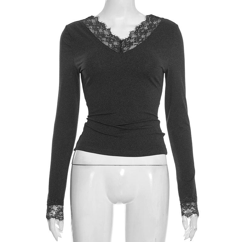 

Spring Autumn Long Sleeve V-neck Lace Splicing Women Blouse Fashion Slim Fit Shirts Female Casual Office Tops Solid Color Elegant Clothing XL темно-сірий