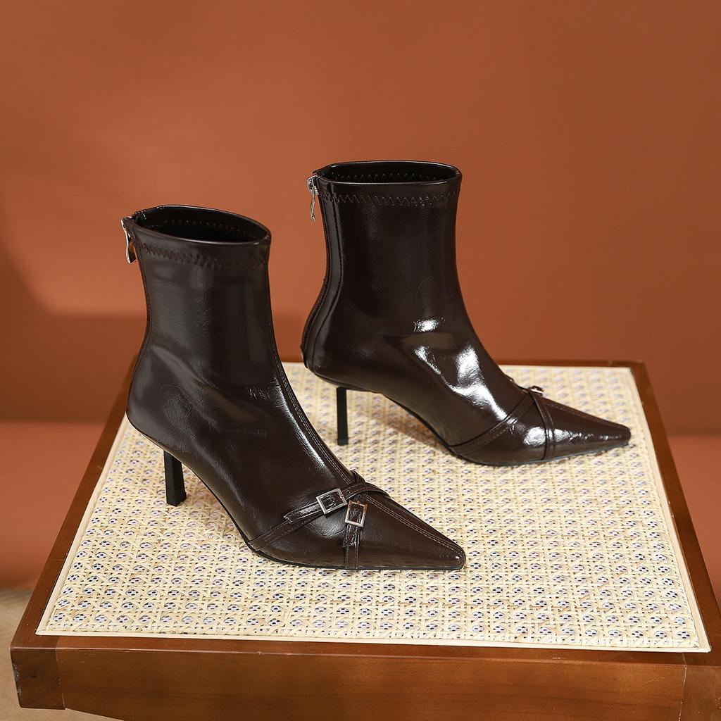 10086-2 Fashion Skinny Leg Boots Pointed Glossy High Heel Short Boots Autumn New Belt Buckle Skinny Heel Short Women's Boots
