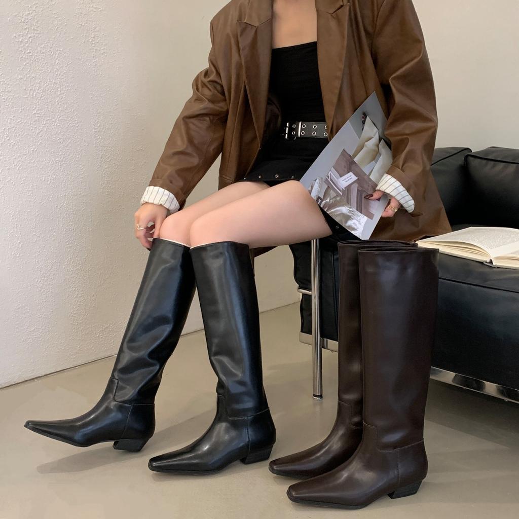 European and American Style Square Head Fashion and Thin Tall Knight Boots Long Boots Women's Retro Thick Heel Sleeve But Knee Cover Boots