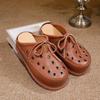 Johnature Hollowed Out Thick Soled Outdoor Fashionable Slippers Genuine Leather Round Toe Women's Slip-on Shoes