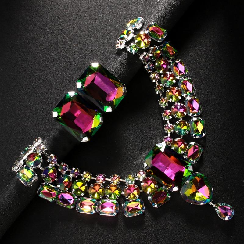 Colorful Jewelry Set Square Earrings Multi-layer Water Drop Collarbone Chain Jewelry Jewelry Set