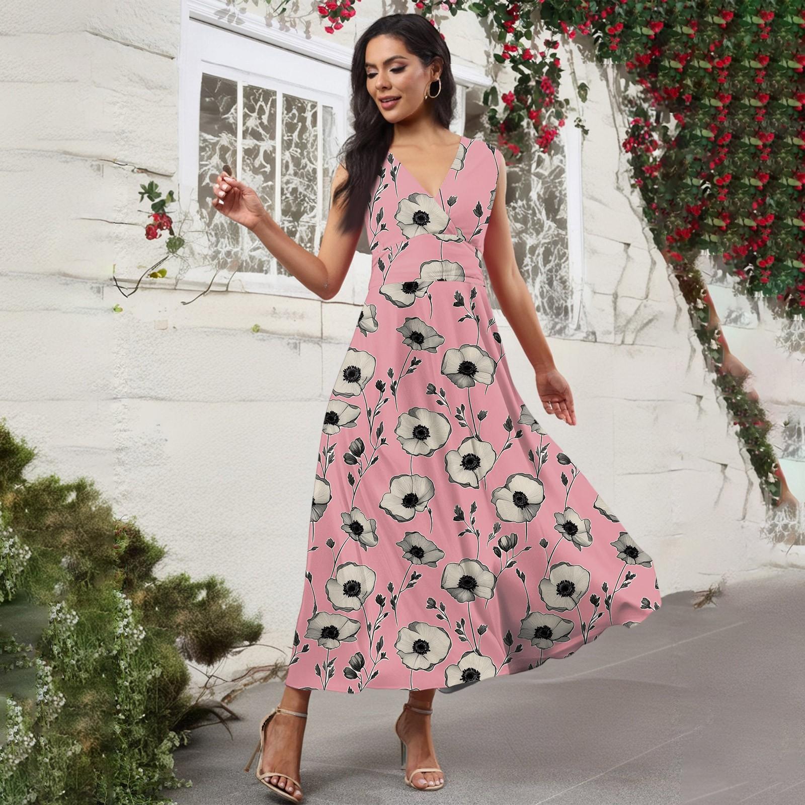 

Жіноча повсякденна та модна сукня без рукавів з V-подібним вирізом і квітковим принтом Сукня без рукавів M рожевий