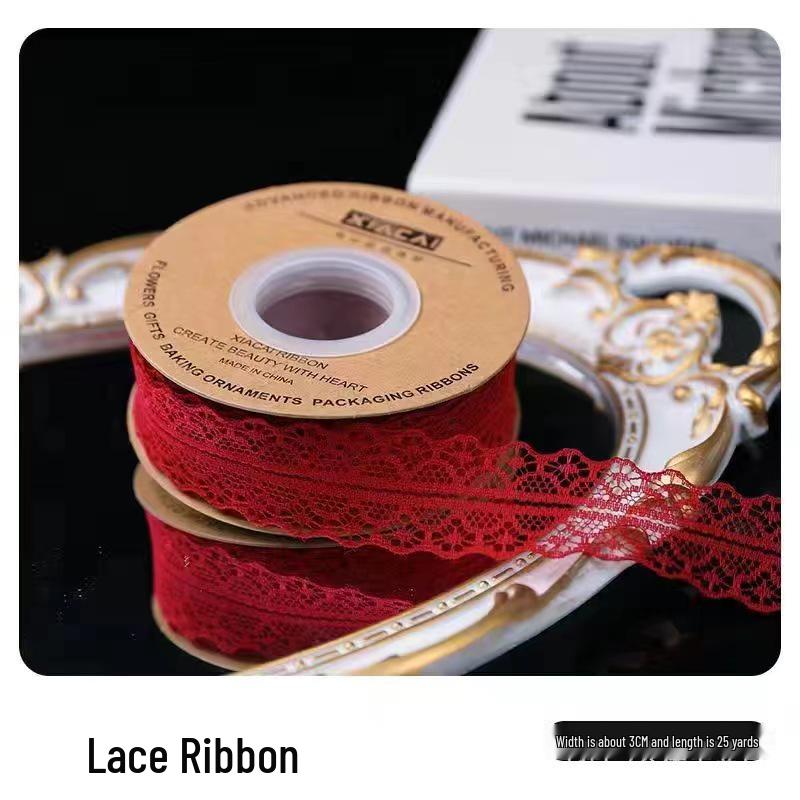 3cm Lace Edge Ribbon for Bouquet & Cake Decor, DIY Bow Streamer - Flower Design 25 & 50 Size