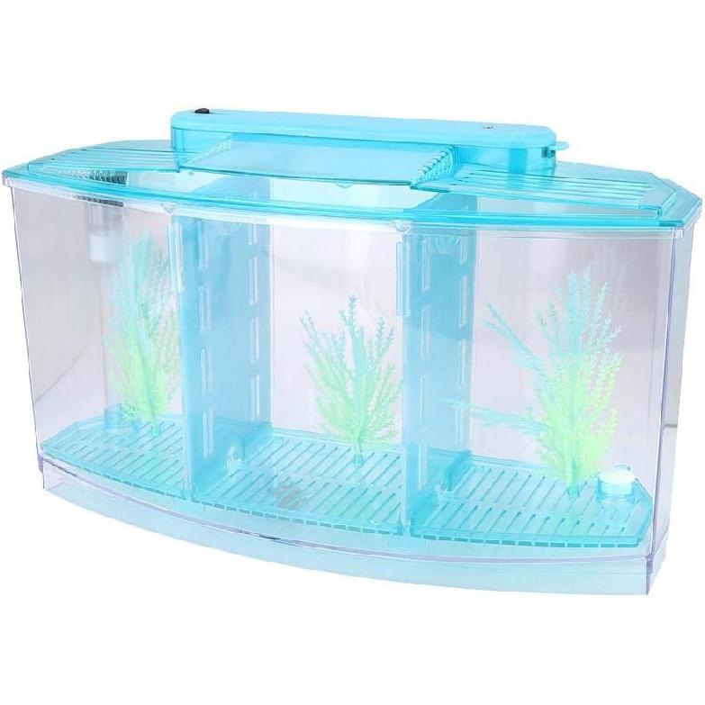 Adjustable Light Acrylic Three Areas Small Aquarium, Fish Tank, for Betta for Small Fishes(Blue)