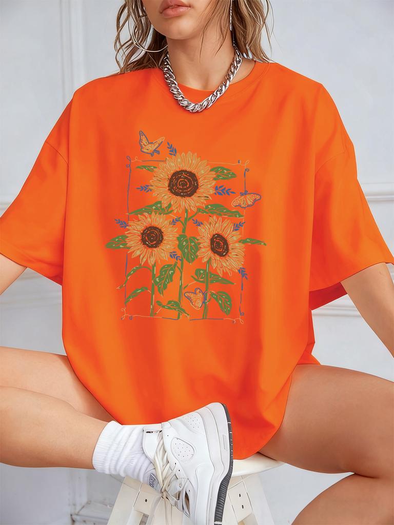 Sunflower Oil Printing Prints TShirts Womens Summer Cotton Short Sleeve T Shirt Loose ONeck Comfortable Tops Casual Clothes