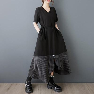 Kurzarm Übergröße Schwarz Vintage Neu in Kleider für Frauen Lässig Locker Lang Sommerkleid