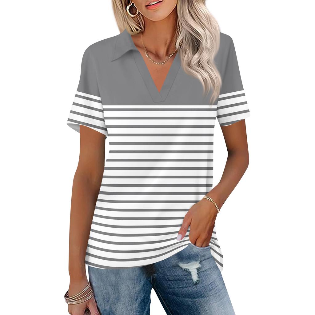 Women’s Casual V Neck Short Sleeve Plaid Print Turn Down Collar Blouse Relaxed Fit Lightweight Top for Daily Wear