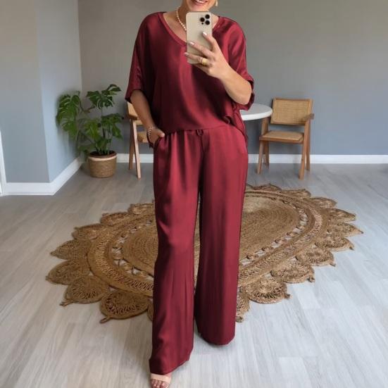 Satin Piece And Outfits for Women Two Wide Leg Pants Set