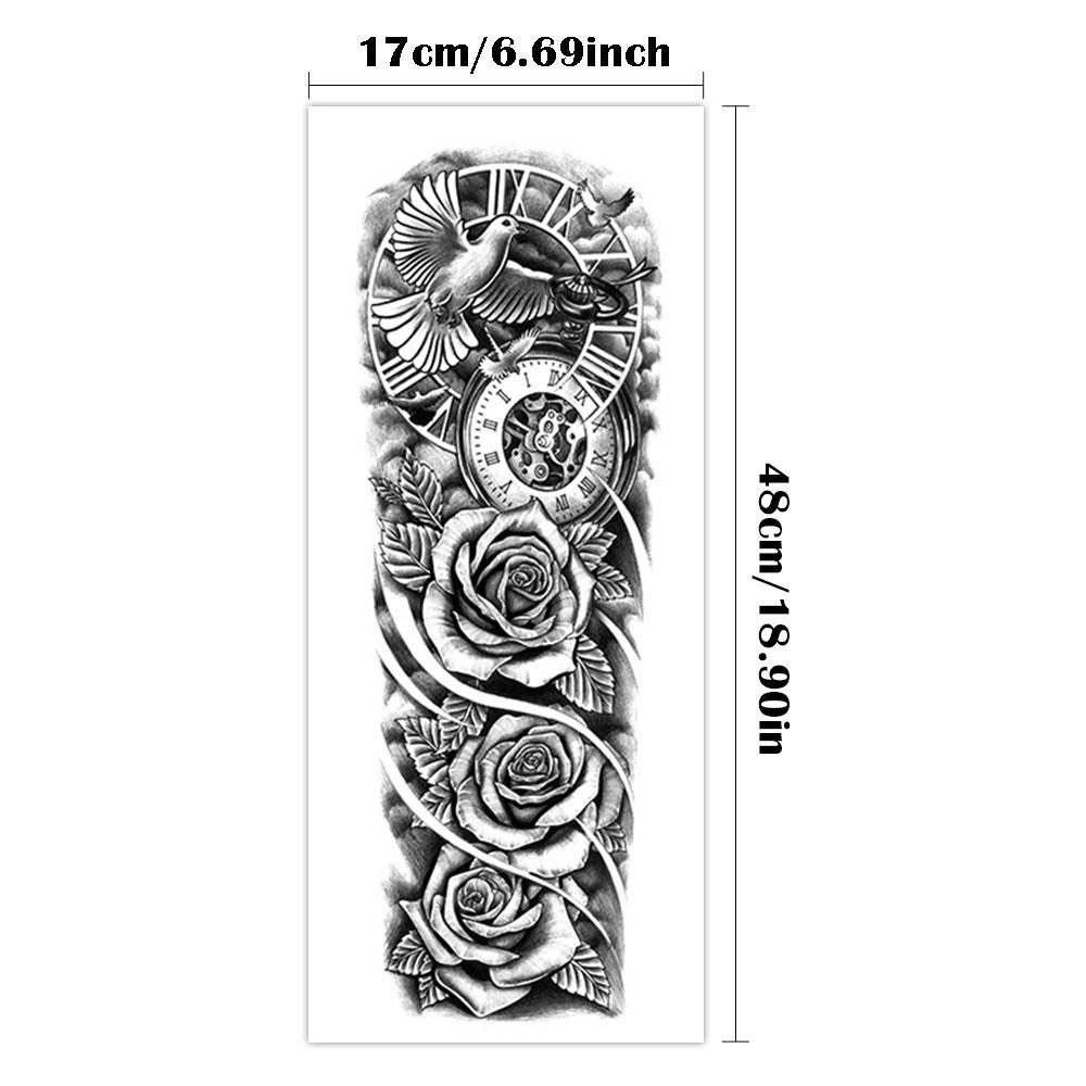 Manica Lunga Completa Impermeabile Tatuaggio Temporaneo Adesivo Orologio Fiore di Rosa Colomba Uccello Totem Finto Tatoo Body Art Uomini Donne Gamba