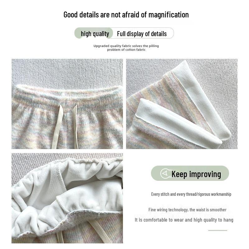 Rainbow Fleece Wide-Leg Soft Knit Pants - Women's Floor-Length Casual Narrow Leg Design