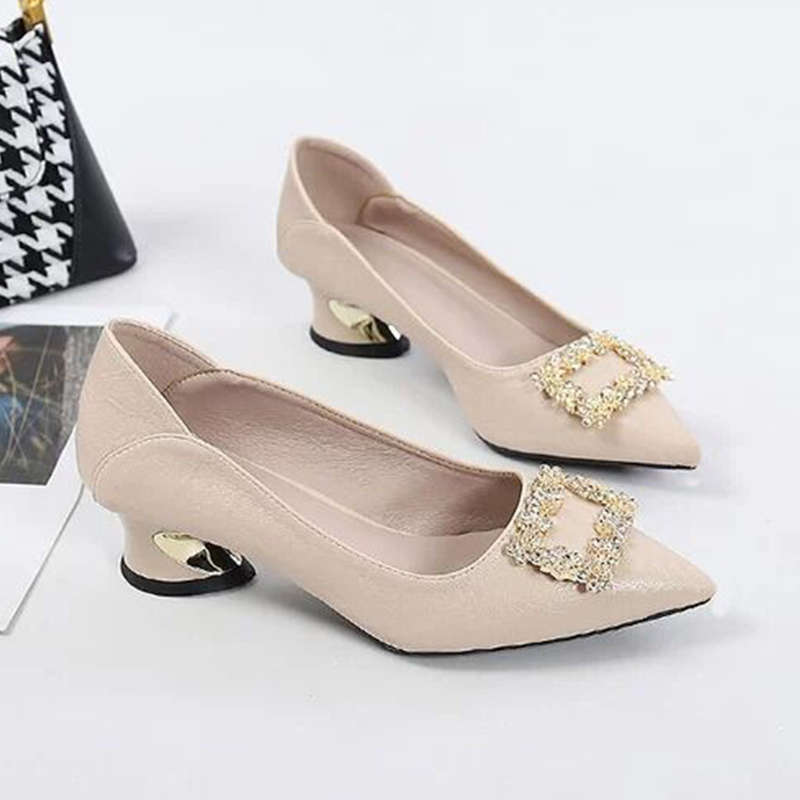 Fashion Rhinestone Buckle Shallow Single Shoes Women's Spring and Summer New Temperament Pointed Thick Heel Small Leather Shoes Shoes