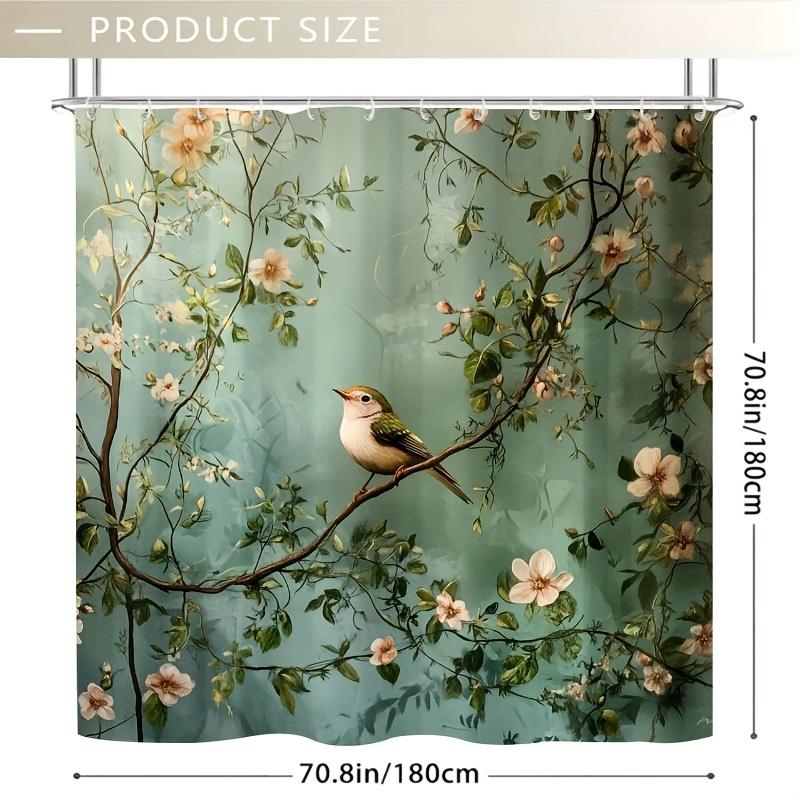 1pc Nature-Inspired Wildflowers & Birds Shower Curtain, Vibrant Green Vines & Pink/White Flowers,  Modern Bath Decor