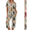 Women's Casual Christmas Print Two-Piece Outfit with Short Sleeve Top and Pants