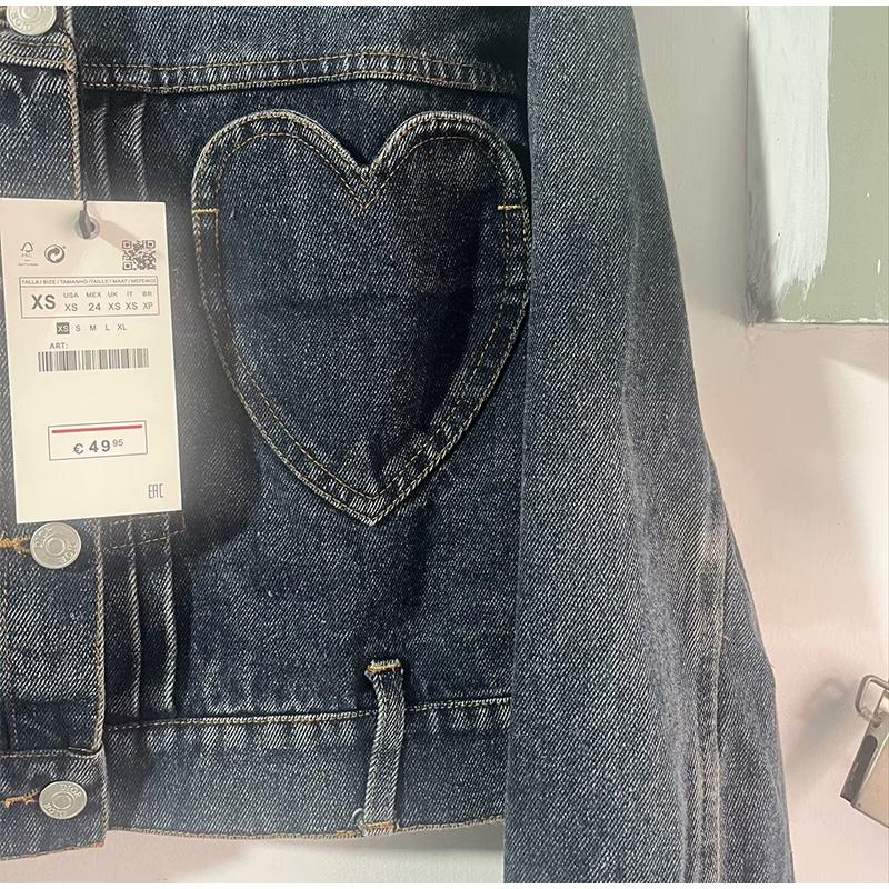 2025 Women Dark Blue Denim Coat Heart Pattern Outerwear Long Sleeve Single Breasted Jacket Spring Female Top Coats
