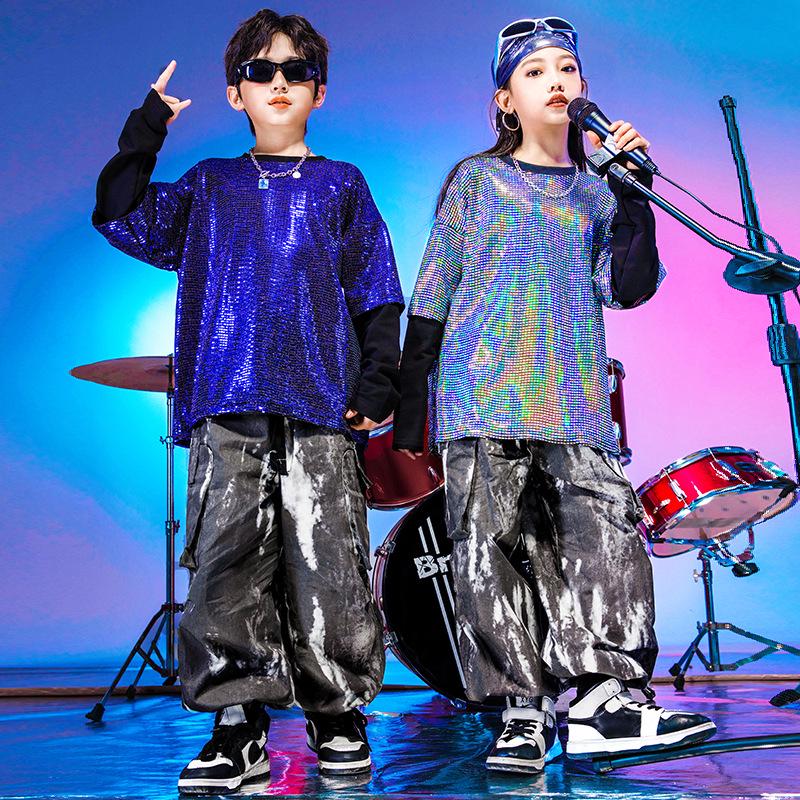 Children's Dance and Performance Outfits: Boys' Sequined Drum Set Attire & Girls' Street Dance Costumes for New Year's Celebration