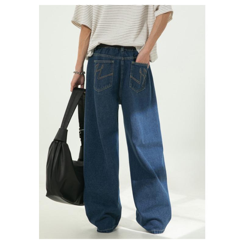Men Loose Straight Cleanfit Denim Jeans Retro Casual Embroidered Long Pants