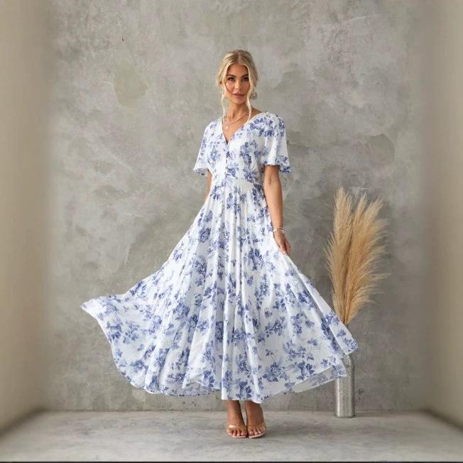 European and American New Large-size Women's Clothing for Printed Dresses, Short-sleeved Waist A-shaped Long Dresses for Women's French Retro