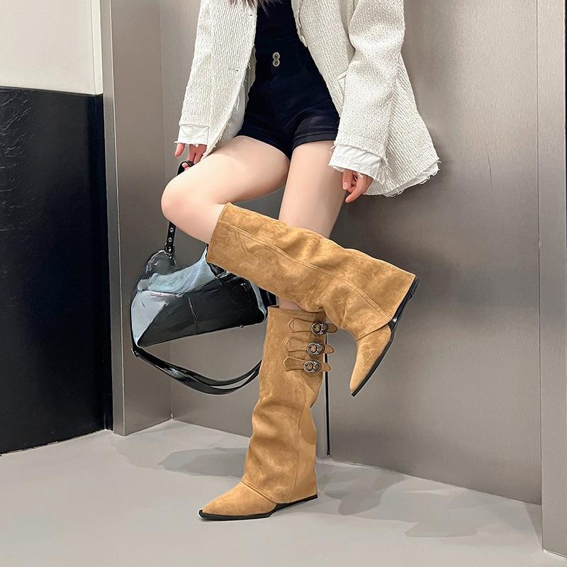 Western Cowboy Pointed Toe Boots Women Autumn Winter Retro Metal Buckle Decorated Suede Tall Skinny Knight Boots