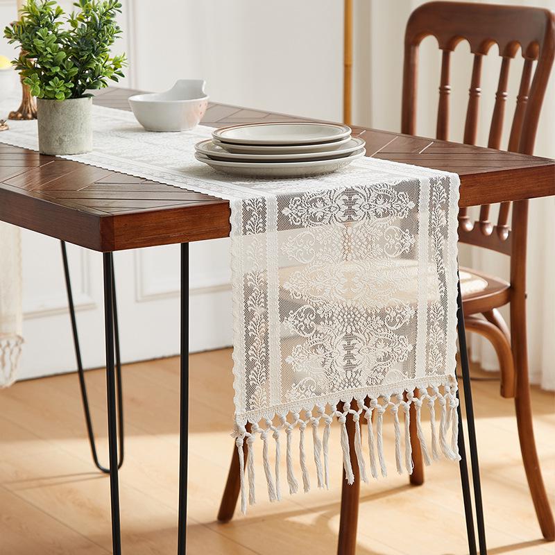 Elegant Nordic White Lace Table Runner with Crochet Tassels - Perfect for Dining or Coffee Tables, Ideal for Christmas Decor.