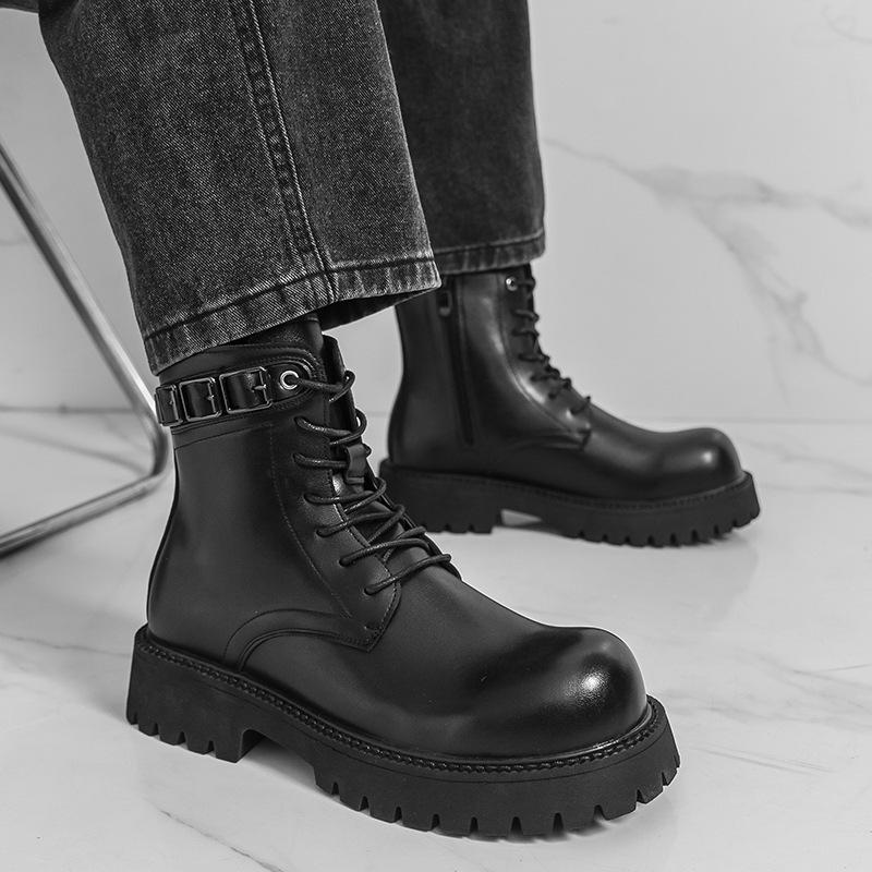 Men's Leather High-Top Martin Boots - Autumn/Winter Thick Sole, Height Increasing, British Style, Large Size