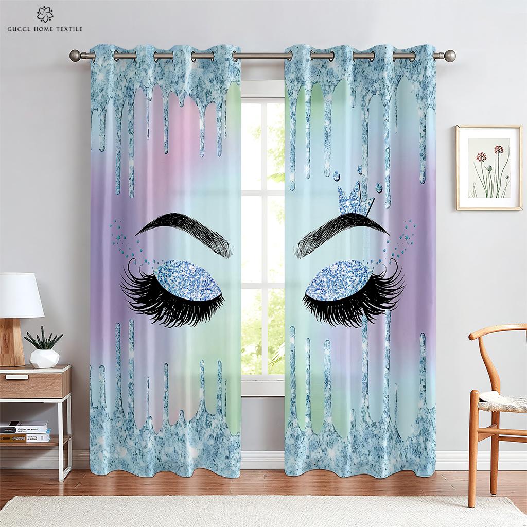 Unicorn Window Curtains with Glittering Print, Cartoon, Fantasy, Unicorn, Eyelashes, Custom, Living Room, Study Decoration, 2Pcs