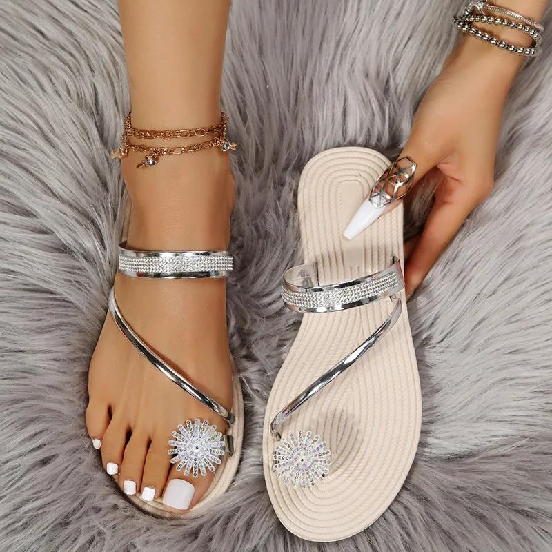 Fashion Women Summer Flat Rhinestone Flower Beach Slippers Comfy Clip Toe Lady Flat Beach Sandals Casual Female Flip Flops Zapatos Mujer