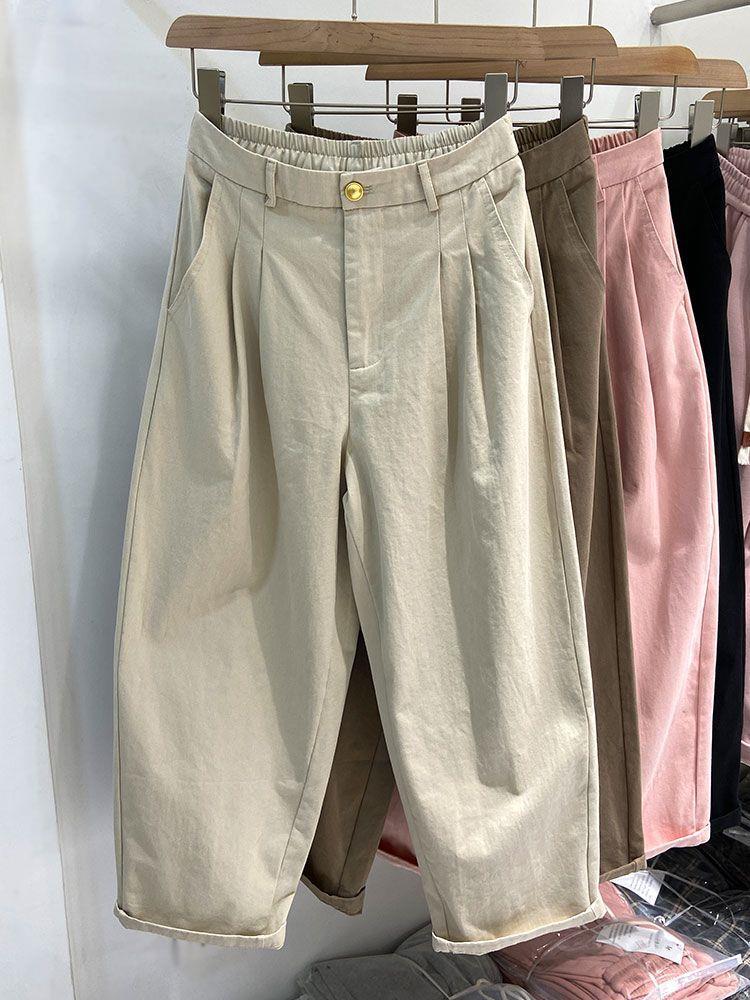 Women's Pink High-Waist Wide-Leg Carrot Pants - Loose Fit, Petite Nine-Point, Spring/Autumn 2026.