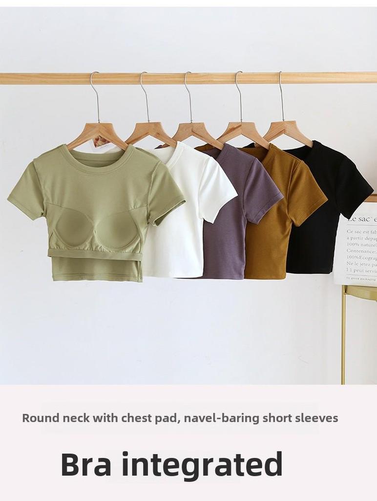 Women's Short-Sleeve Cotton Crop Top with Chest Pads, Round Neck, Summer Wear