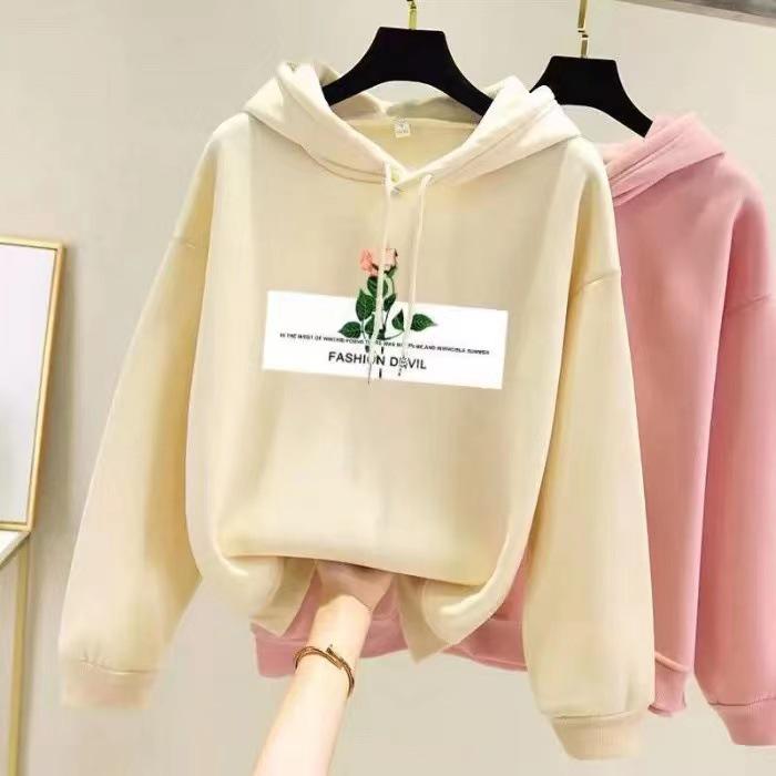 Korean Style Women's Fleece-Lined Hooded Sweatshirt, Plus Size, Loose Fit, Long-Sleeved, for Autumn and Winter.