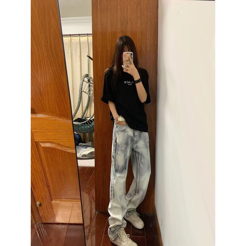

JYL Women s Straight Jeans American HipHop Ripped Whisker Vintage Loose Stacked Denim 3XL античний фуксії кольору