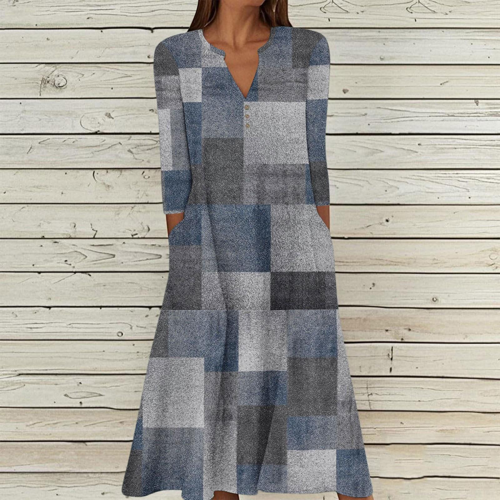 

Women s Summer Casual V-Neck Button Vintage Print Three-quarter Sleeve Long Dress With Pockets M