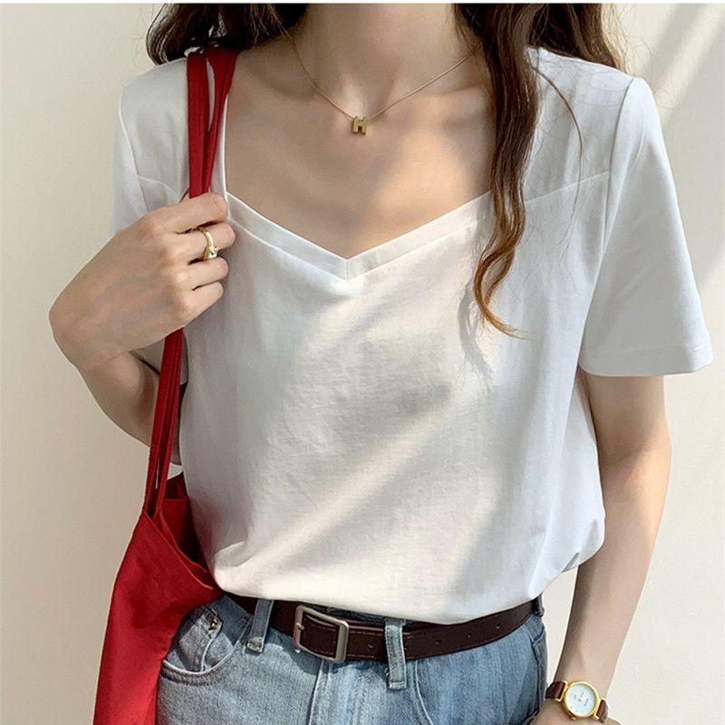 

150.00kg plus Size Women s Clothing plus Size 200 Plus Size Ladies Sexy Wear V Neck Short Sleeve Western Style Niche Style Chic Tops T-Shirt White 4XL