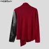 INCERUN Autumn Men's High Neck Long Sleeve PU Patchwork Irregular Casual T-shirts Undershirts