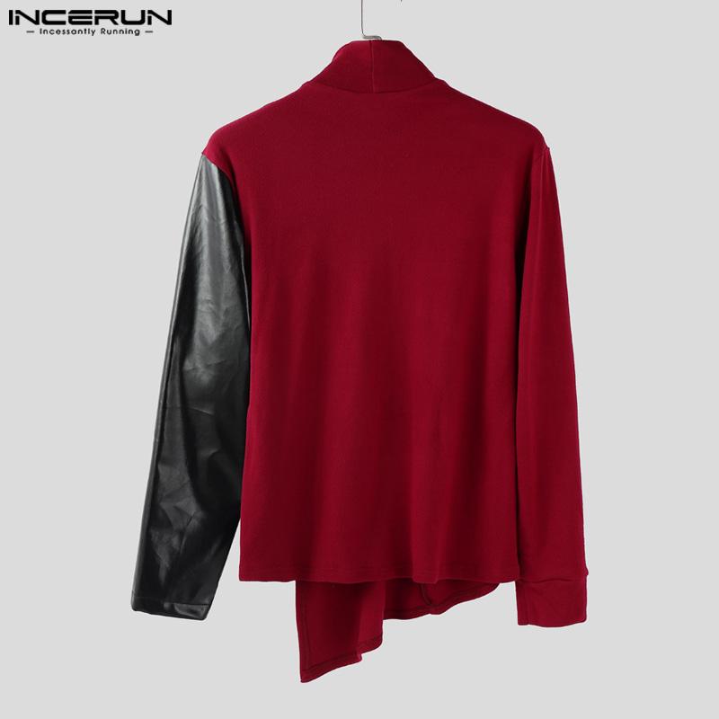INCERUN Autumn Men's High Neck Long Sleeve PU Patchwork Irregular Casual T-shirts Undershirts
