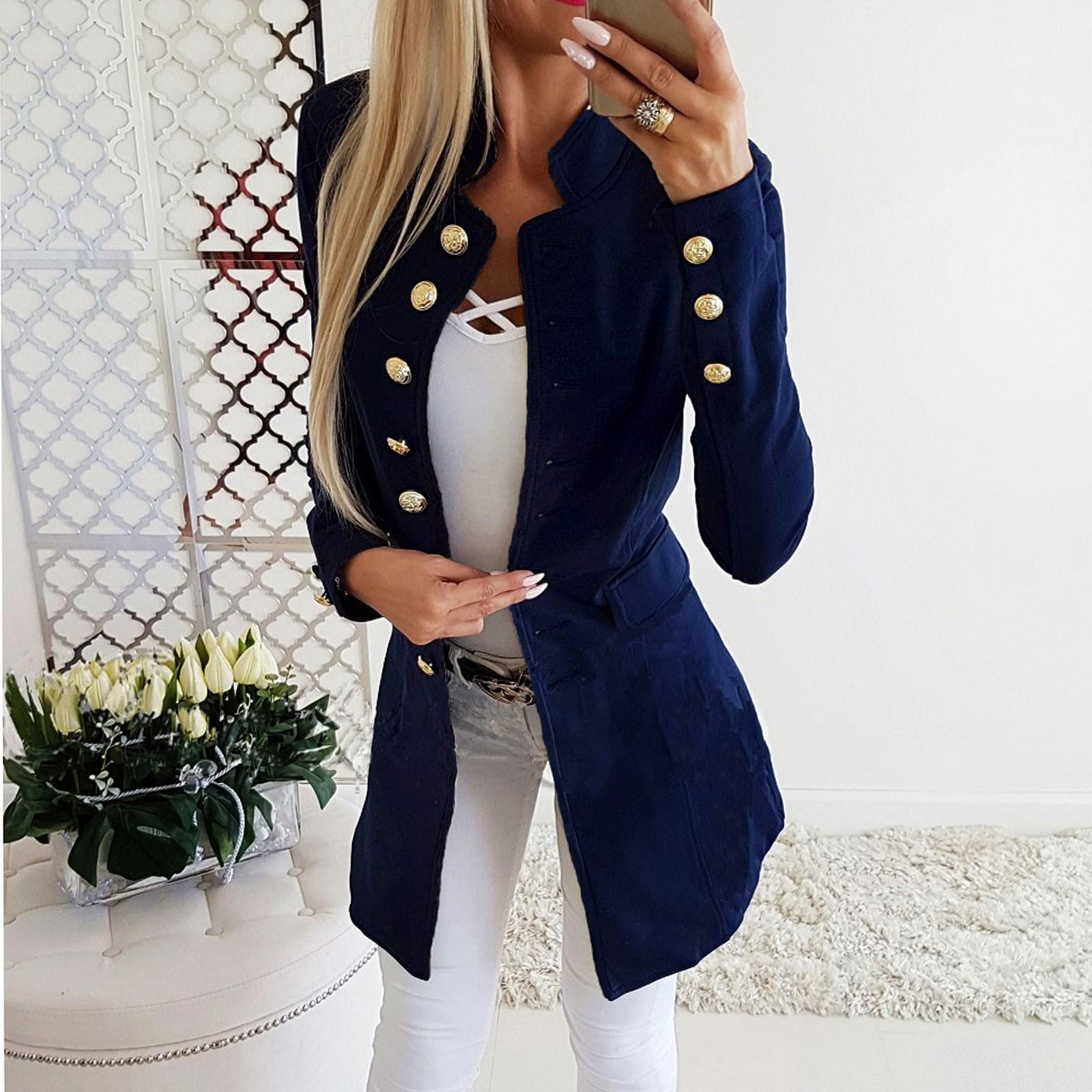 

Женская мода Леди Лацкан Костюм Пальто Куртка с длинным рукавом Пальто на пуговицах L синий