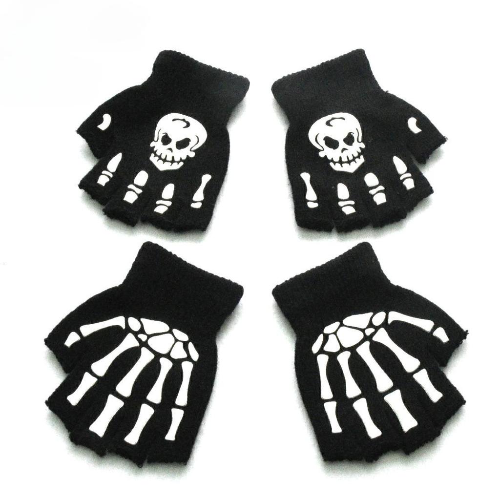 5-11 Years Unisex Halloween Skull Baby Gloves Punk Skeleton Half Finger Glove Cosplay Non-slip Wrist Children Stretch Mittens