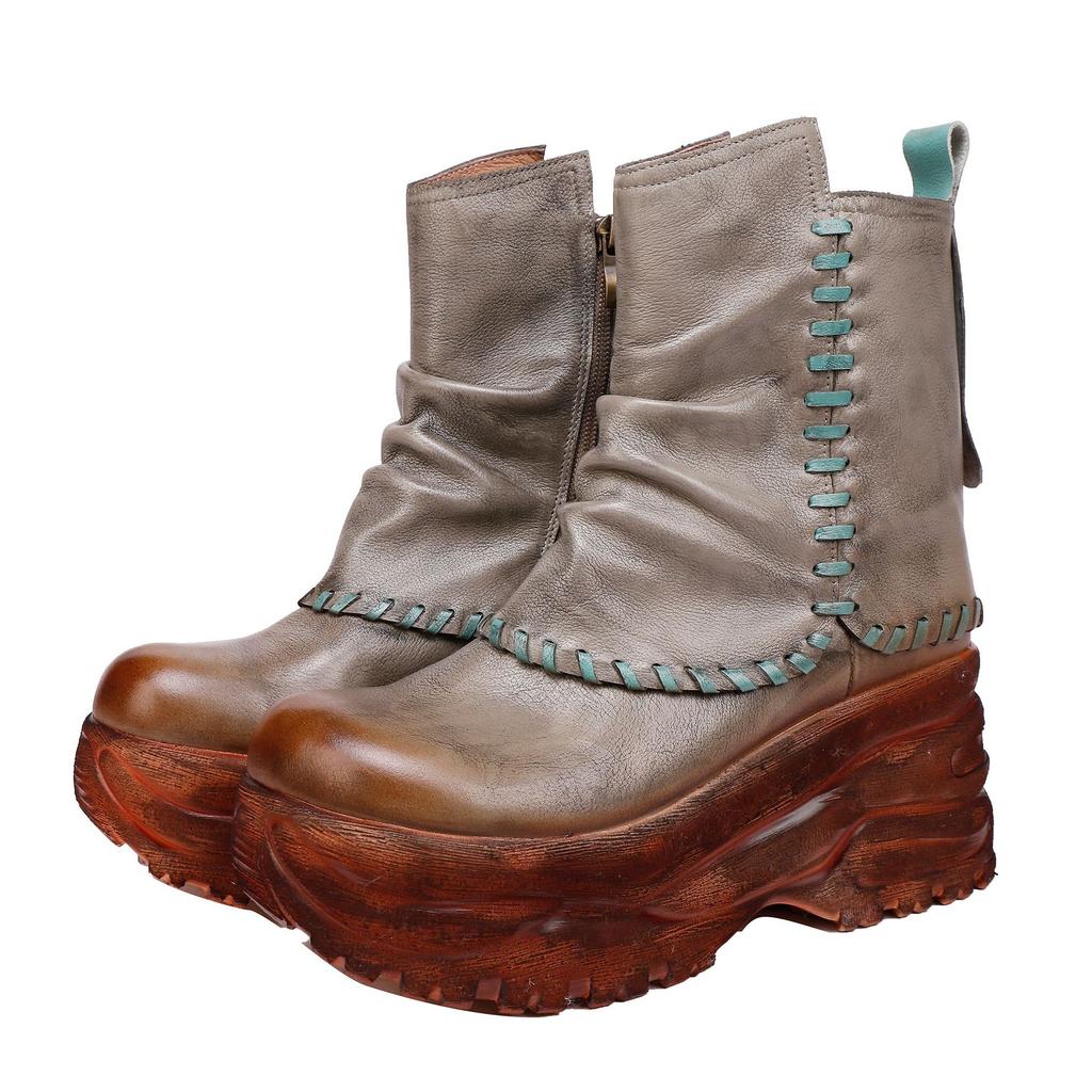 Johnature Women's Platform Shoes Genuine Leather Thick Soled Comfortable Versatile Retro Wedges Short Boots