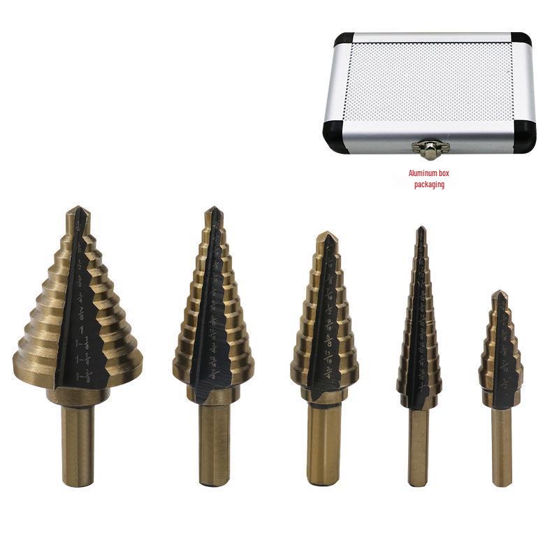 5-Piece Imperial Stepped Drill Bit Set with Aluminum Case for Steel Plate Drilling and Deburring