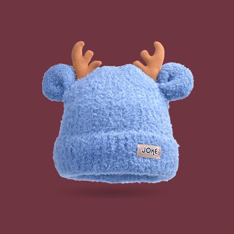 

Зимняя Рождественская Шапка из Вязаной Шерсти с Оленьими Рогами Женская Теплая Шапка синий